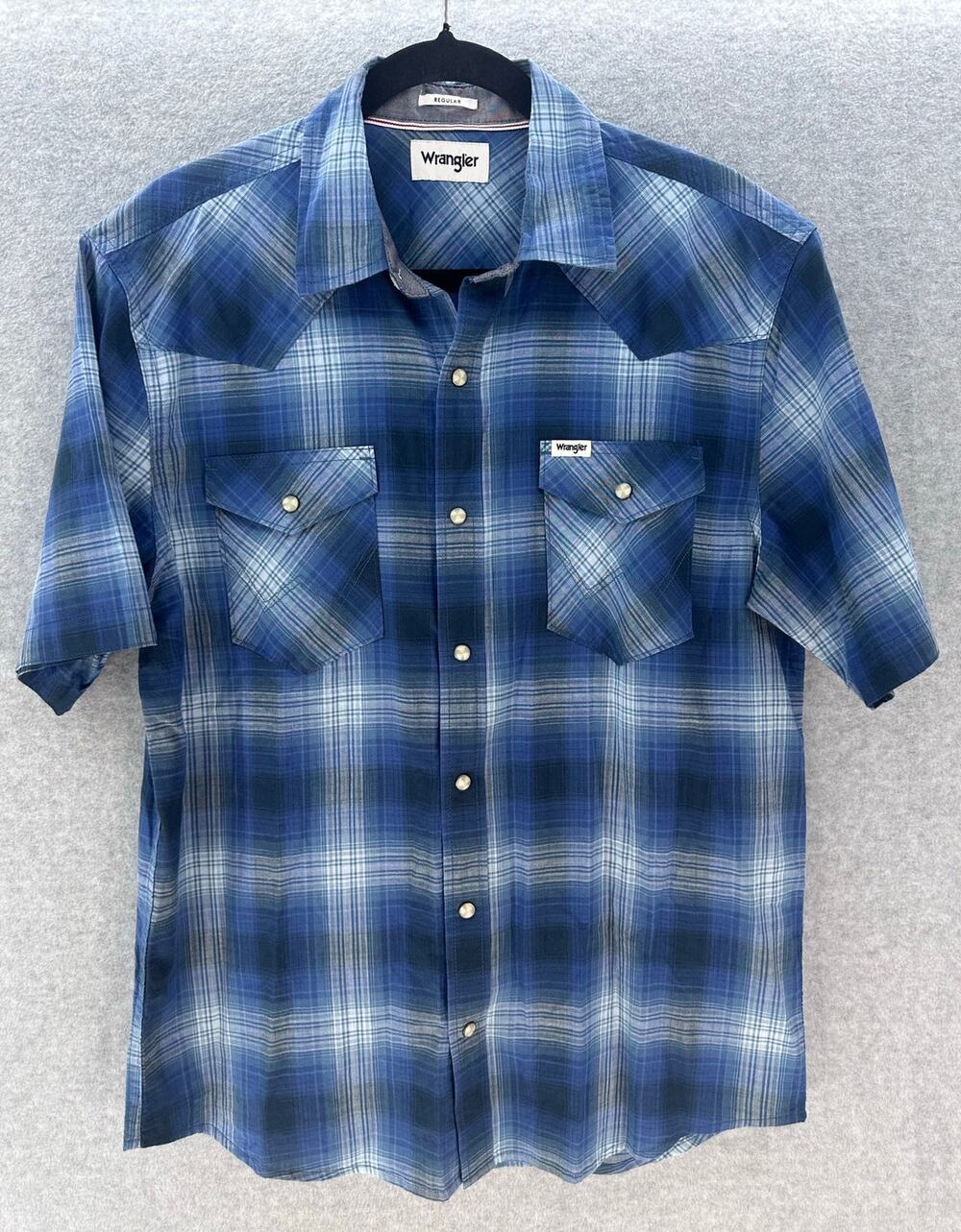 Wrangler Men's sz M/L* Blue Plaid Snap SS Collared Shirt Western Cowboy Classic